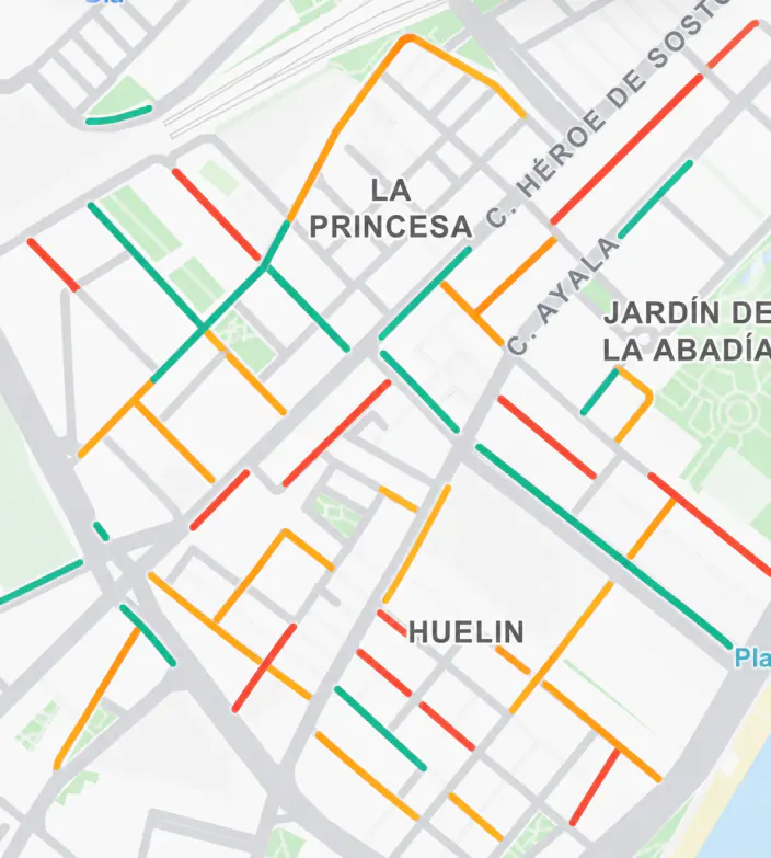 A street grid with each street coloured by how likely you are to find a space: green high, orange medium, red low.